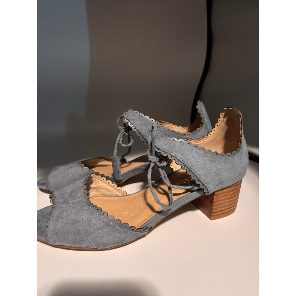 Chelsea Crew Blue Suede Womens 38 Open Toe Peep Block Bow Lace Sandal Tassel Tie
